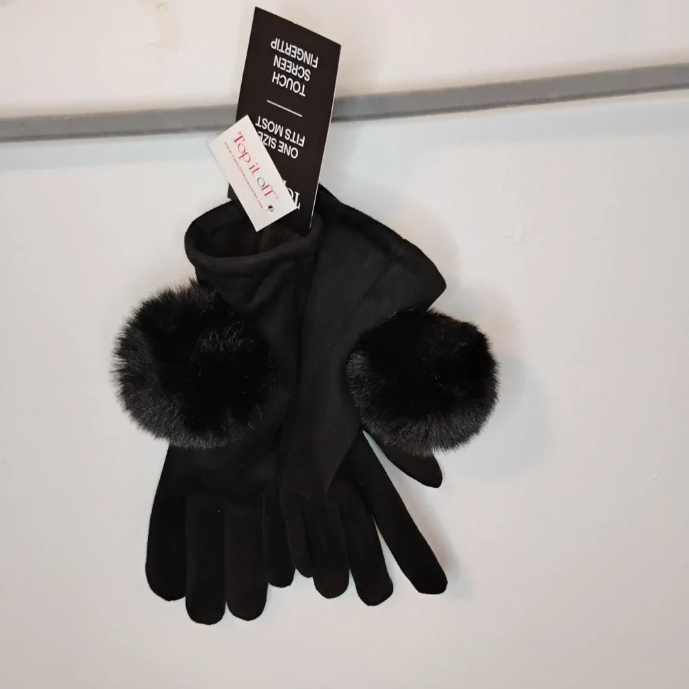 Top It Off Black soft touch screen fingertip women's gloves whimsigoth pom pom